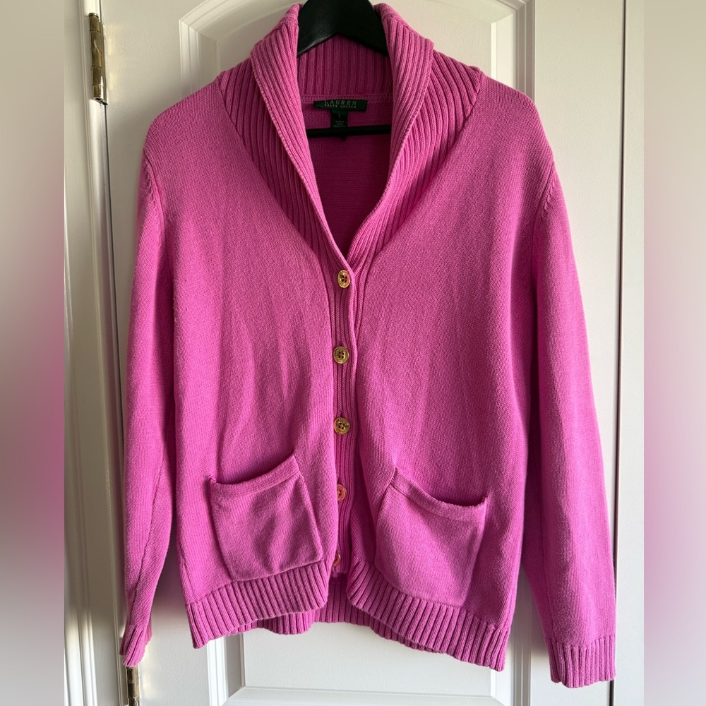 LAUREN Ralph Lauren Dusty Pink Shawl Collar Button-Up Cardigan, 100% cotton, EUC